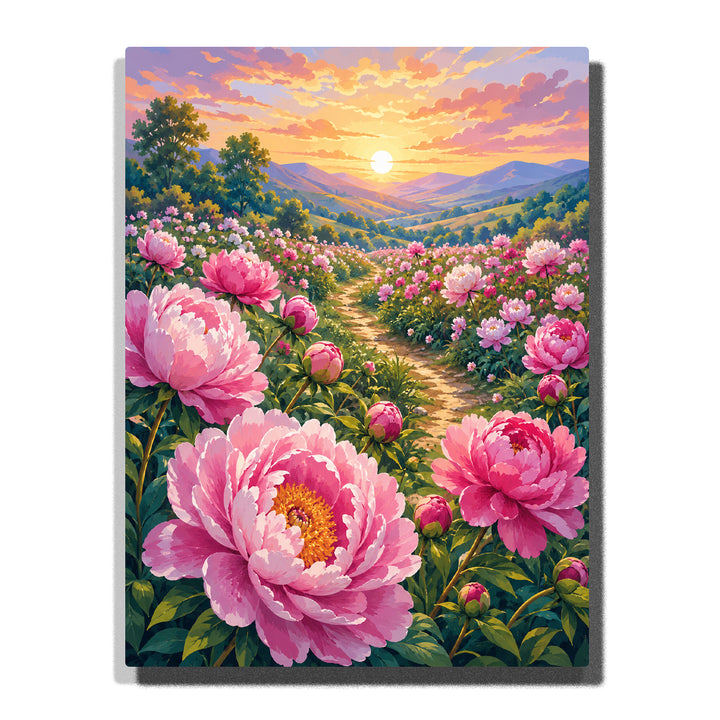 Pink peony flower valley with blooming fields, mountain landscape, winding garden path and golden sunset sky Paint by Numbers by PaintEasy
