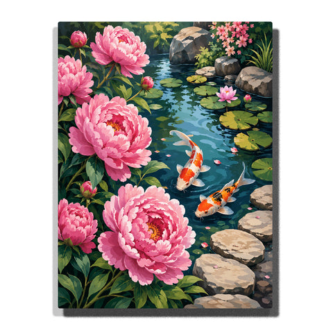 Pink peony flowers surrounding koi pond with koi fish, lotus flowers, lily pads, rocks and water garden scenery Paint by Numbers by PaintEasy