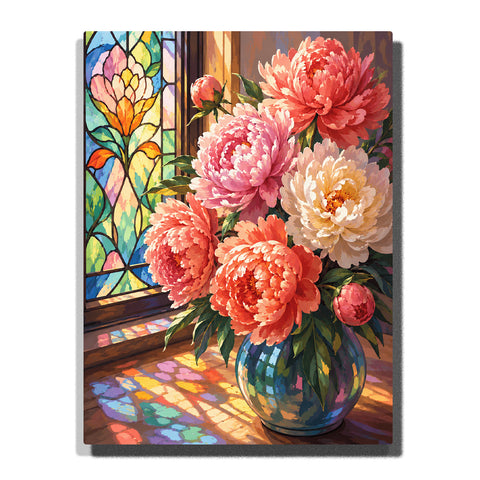 Peony bouquet in glass vase with stained glass window, colorful light reflections, pink flowers and elegant floral still life Paint by Numbers by PaintEasy