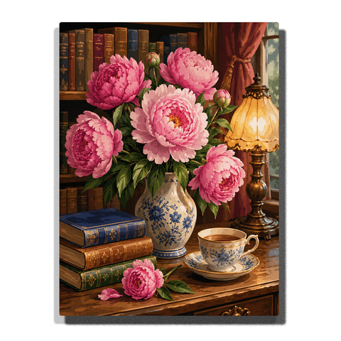 Peony bouquet in porcelain vase with vintage books, coffee cup, warm table lamp and elegant floral still life interior Paint by Numbers by PaintEasy
