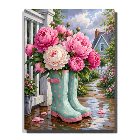 Peony bouquet in polka dot rain boots with cottage garden path, white fence, green leaves and colorful floral outdoor scene Paint by Numbers by PaintEasy
