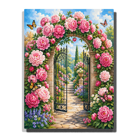 Peony garden archway with iron gate, pink flowers, butterflies, stone pathway and colorful floral landscape Paint by Numbers by PaintEasy