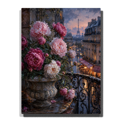 Pink peony bouquet in stone vase on Paris balcony with Eiffel Tower view, city lights, historic buildings and evening sky Paint by Numbers by PaintEasy