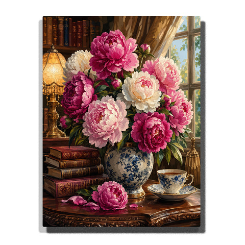 Paint by numbers vintage floral still life featuring lush pink and white peonies in a blue and white porcelain vase, surrounded by antique books, a teacup, and a glowing table lamp by a sunlit window.