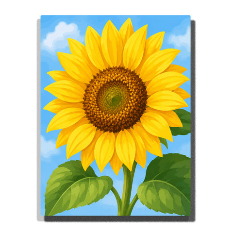 Golden sunflower bloom with green leaves under blue sky and soft clouds Paint by Numbers by PaintEasy