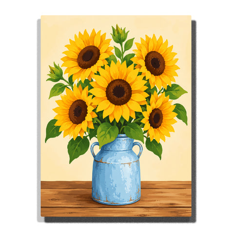 Sunflower bouquet in blue vintage vase on wooden table with green leaves and golden blooms Paint by Numbers by PaintEasy