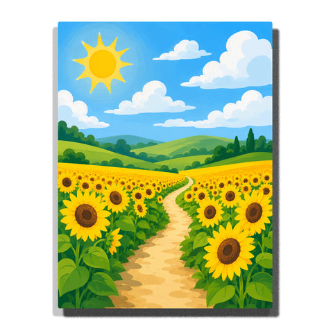 Sunflower field path with rows of yellow flowers, green hills, blue sky, white clouds and peaceful countryside landscape Paint by Numbers by PaintEasy