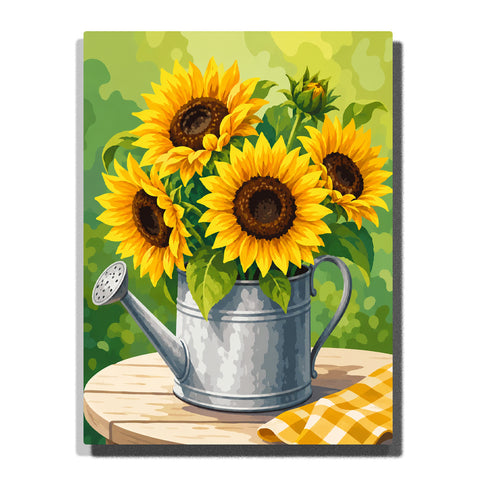 Sunflower bouquet in metal watering can on wooden table with green leaves and garden background Paint by Numbers by PaintEasy