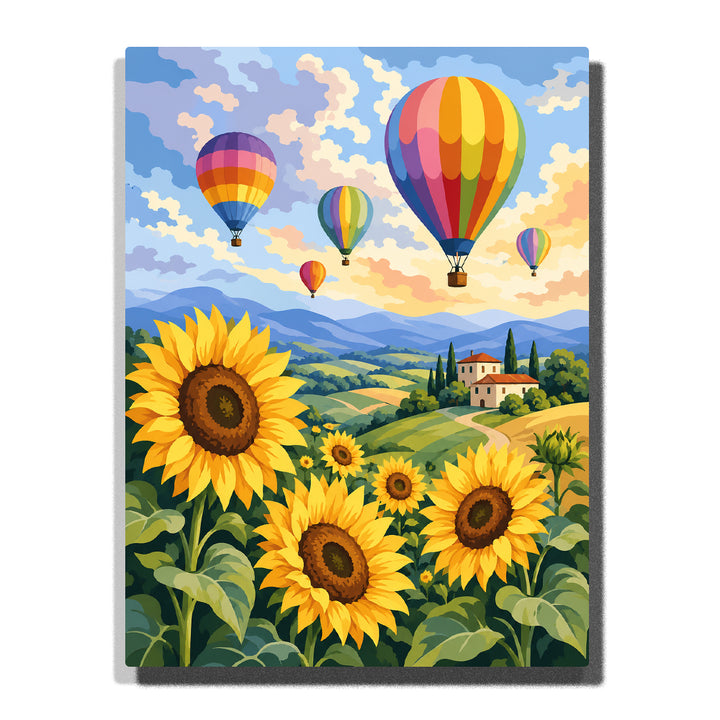 Sunflower meadow with hot air balloons, countryside hills, farmhouse, mountains and colorful floral landscape artwork Paint by Numbers by PaintEasy