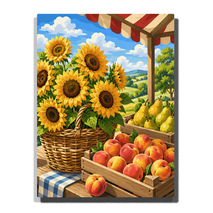 Sunflower basket with peaches, pears, fruit crate, countryside garden, green hills and colorful floral harvest artwork Paint by Numbers by PaintEasy