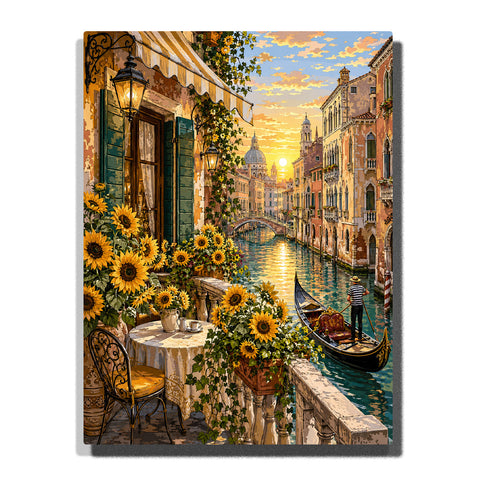 Venice Italy canal view with gondola, sunflower balcony, historic buildings, outdoor table and golden sunset reflections Paint by Numbers by PaintEasy