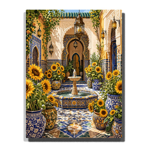 Sunflower garden courtyard with Moroccan mosaic fountain, blue ceramic pots, decorative arches, hanging lanterns and climbing vines Paint by Numbers by PaintEasy