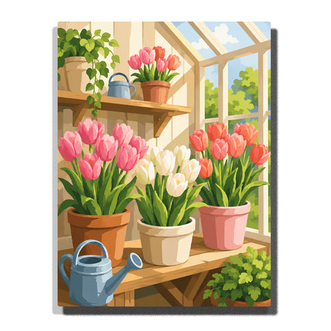Colorful tulip flowers in pots inside a sunny greenhouse with watering cans, wooden shelves, green leaves and garden window view Paint by Numbers by PaintEasy