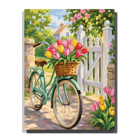 Tulip flower basket on vintage bicycle in spring garden with white fence, countryside cottage, flowering trees and colorful blooms Paint by Numbers by PaintEasy
