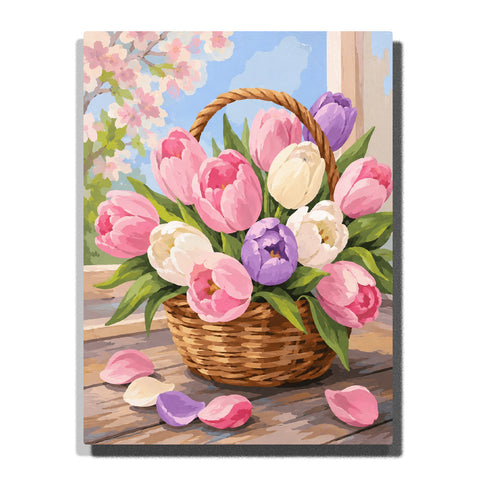 Paint by numbers spring tulip basket featuring pink, white, and purple tulips with lush green leaves, scattered petals, and blooming cherry blossoms by a sunny window.