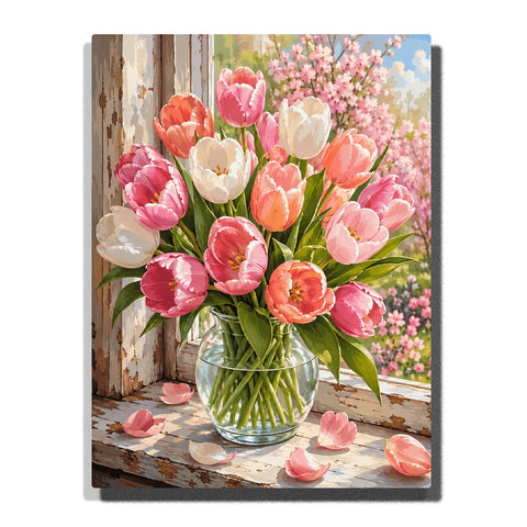 Spring tulip arrangement in glass vase beside rustic wooden window with pink, orange and white tulips, green stems and blooming trees outside Paint by Numbers by PaintEasy