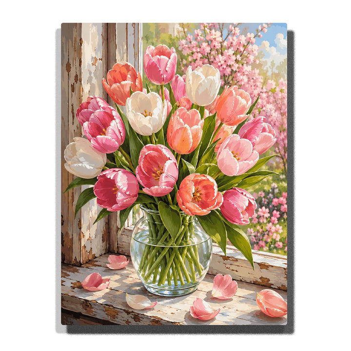 Spring tulip arrangement in glass vase beside rustic wooden window with pink, orange and white tulips, green stems and blooming trees outside Paint by Numbers by PaintEasy