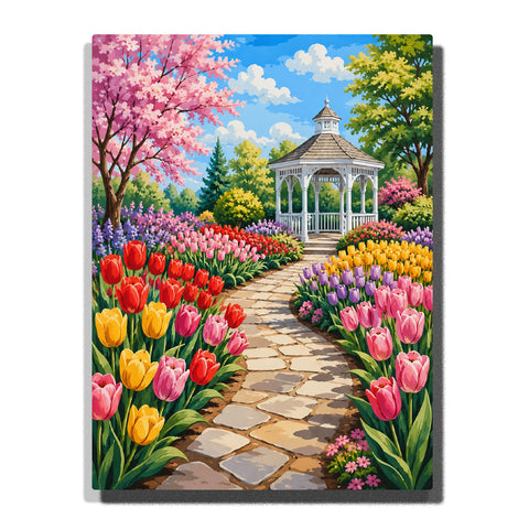 Tulip garden pathway with white gazebo, colorful flower beds, cherry blossom trees, stone walkway and spring landscape Paint by Numbers by PaintEasy