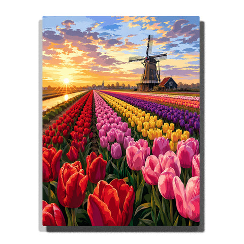 Tulip field at sunrise with Dutch windmill, colorful flowers, reflective canal, golden sky and spring countryside landscape Paint by Numbers by PaintEasy