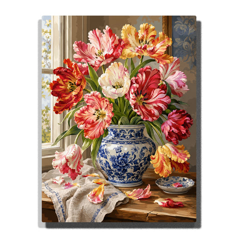 Colorful tulip bouquet in blue porcelain vase with sunlit window, wooden table, green leaves and elegant floral still life Paint by Numbers by PaintEasy