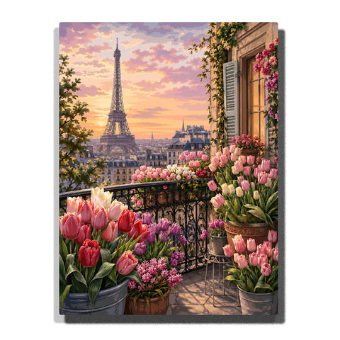 Paris balcony with Eiffel Tower view, colorful tulip flowers, potted plants, iron railing, sunset sky and romantic floral city landscape Paint by Numbers by PaintEasy