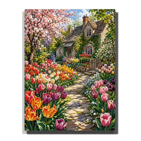 Tulip cottage garden with stone pathway, colorful spring flowers, ivy covered house, blooming trees and European floral landscape Paint by Numbers by PaintEasy