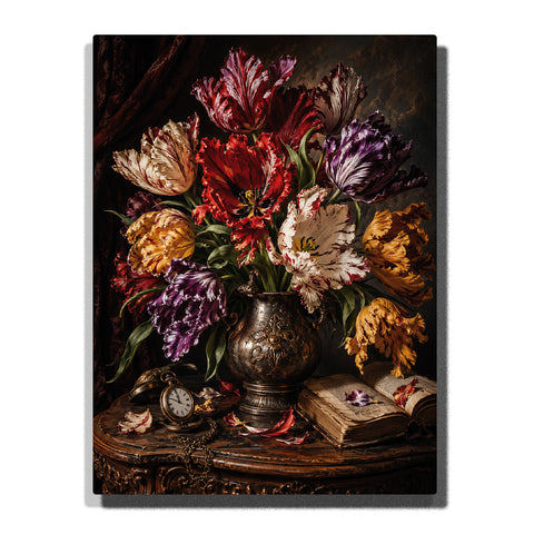 Dark Parrot Tulips with a Pocket Watch and Open Book artwork displayed on a white background