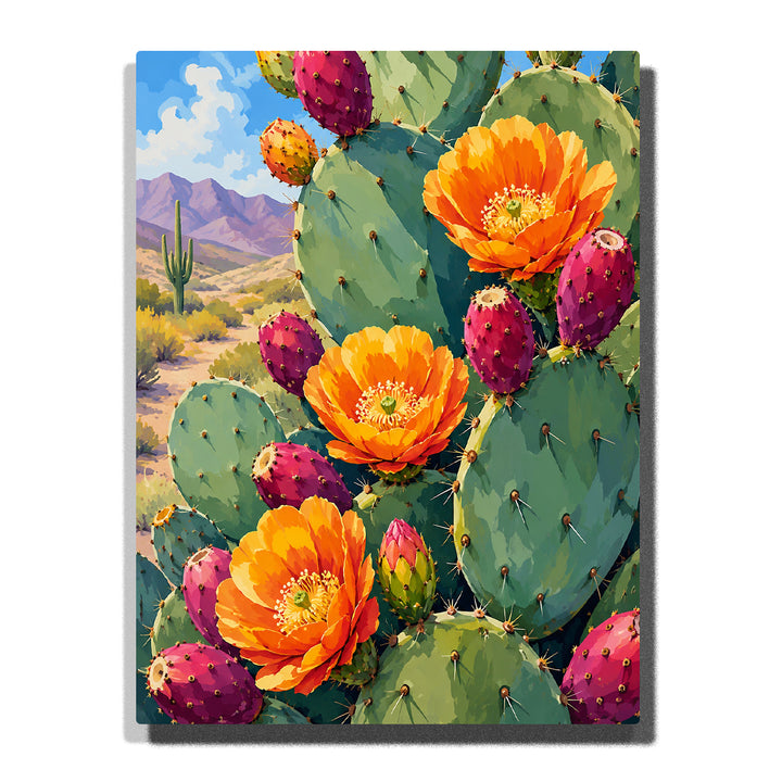 Orange cactus flowers with prickly pear cactus, desert landscape, colorful cactus fruits, mountains and botanical plant artwork Paint by Numbers by PaintEasy