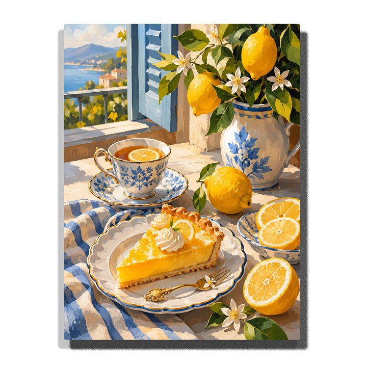 Lemon Tart and Tea beside a Seaside Window artwork displayed on a white background