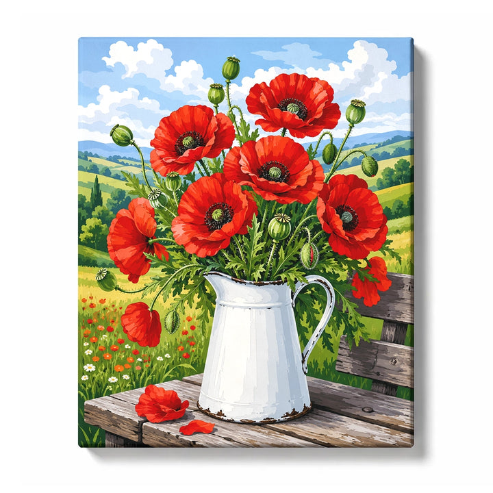 Red Poppies in a White Jug on a Garden Bench artwork displayed on a white background