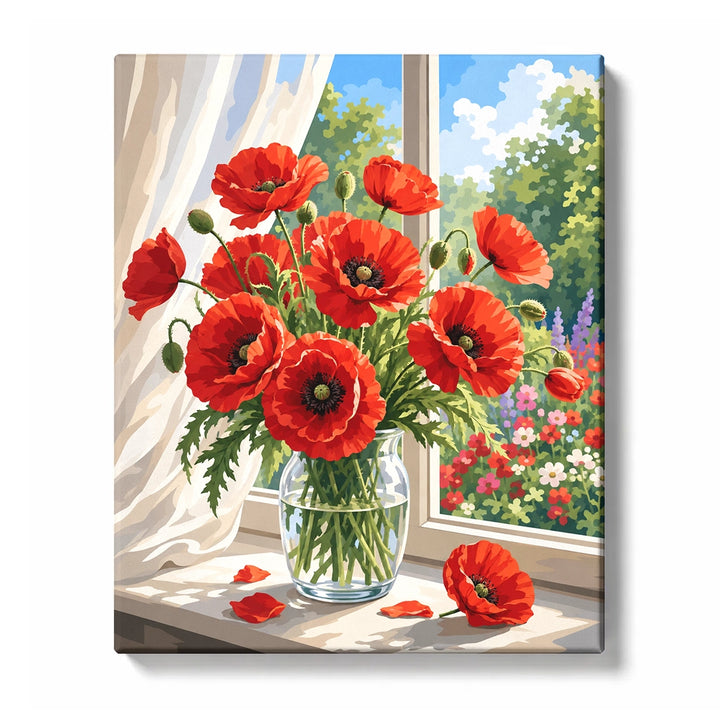 Red Poppies in a Glass Vase on a Sunny Sill artwork displayed on a white background
