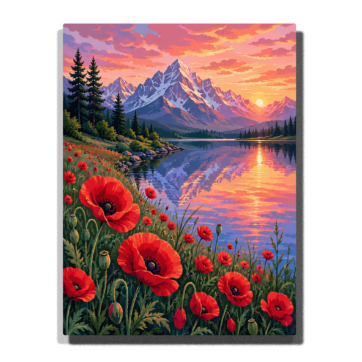 Red poppy flowers beside mountain lake with sunset sky, snowy peaks, evergreen forest and wildflower landscape artwork Paint by Numbers by PaintEasy