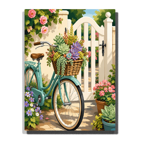 Succulent plants in bicycle basket with garden flowers, white fence, climbing roses and green botanical details Paint by Numbers by PaintEasy