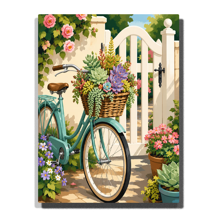 Succulent plants in bicycle basket with garden flowers, white fence, climbing roses and green botanical details Paint by Numbers by PaintEasy