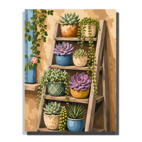 Succulent plant shelf with colorful ceramic pots, hanging greenery, wooden ladder display and indoor botanical garden details Paint by Numbers by PaintEasy