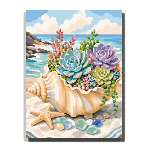 Succulent garden in seashell planter with ocean view, starfish, beach stones, colorful succulent leaves and coastal scenery Paint by Numbers by PaintEasy