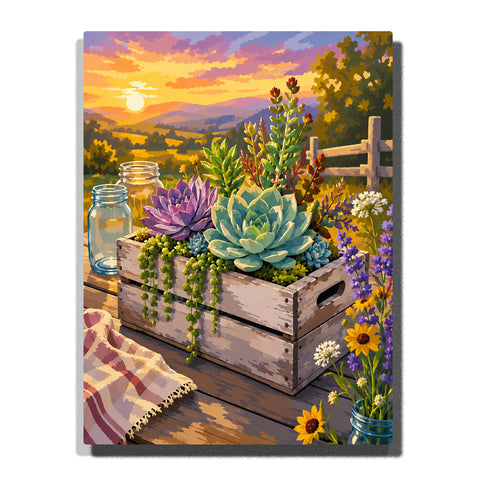 Succulent planter box on wooden deck with sunset garden view, colorful succulent plants, wildflowers, glass jars and countryside landscape Paint by Numbers by PaintEasy