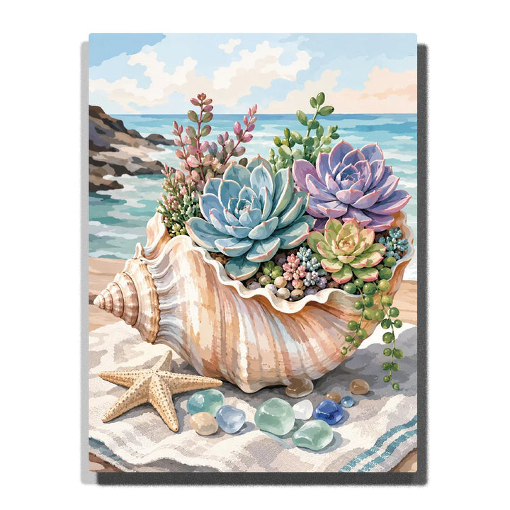 Succulents in a Conch Shell by the Sea artwork displayed on a white background
