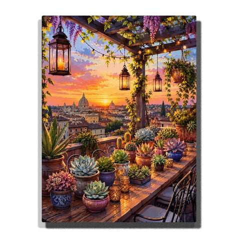 Succulent Table with Lanterns above a Sunset City artwork displayed on a white background