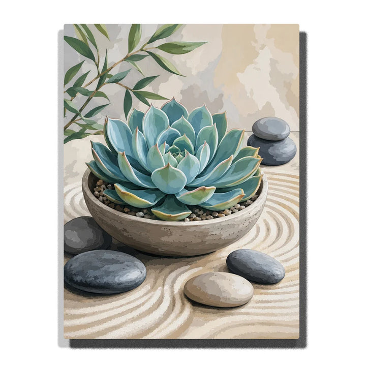 Blue-Green Succulent with Stones and Raked Sand artwork displayed on a white background