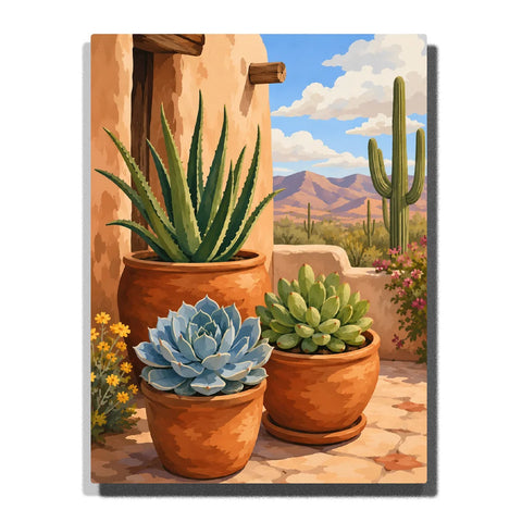 Aloe and Succulents in Terracotta by an Adobe Wall artwork displayed on a white background