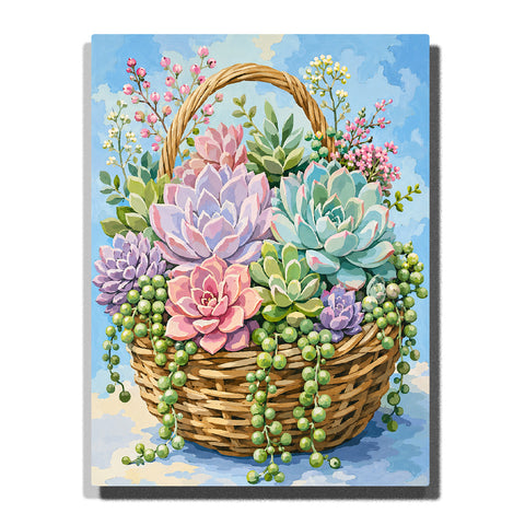 Botanical succulent garden basket with colorful plants, pastel flowers, trailing vines, woven basket and natural plant artwork Paint by Numbers by PaintEasy