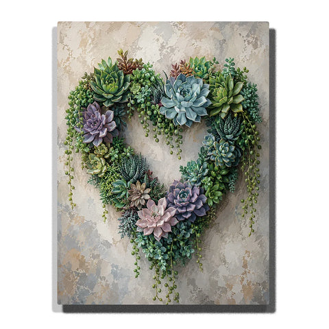 Botanical Paint by Numbers For Adults featuring heart-shaped succulent wreath with sage green, dusty blue, lavender and pink rosette plants and trailing greenery