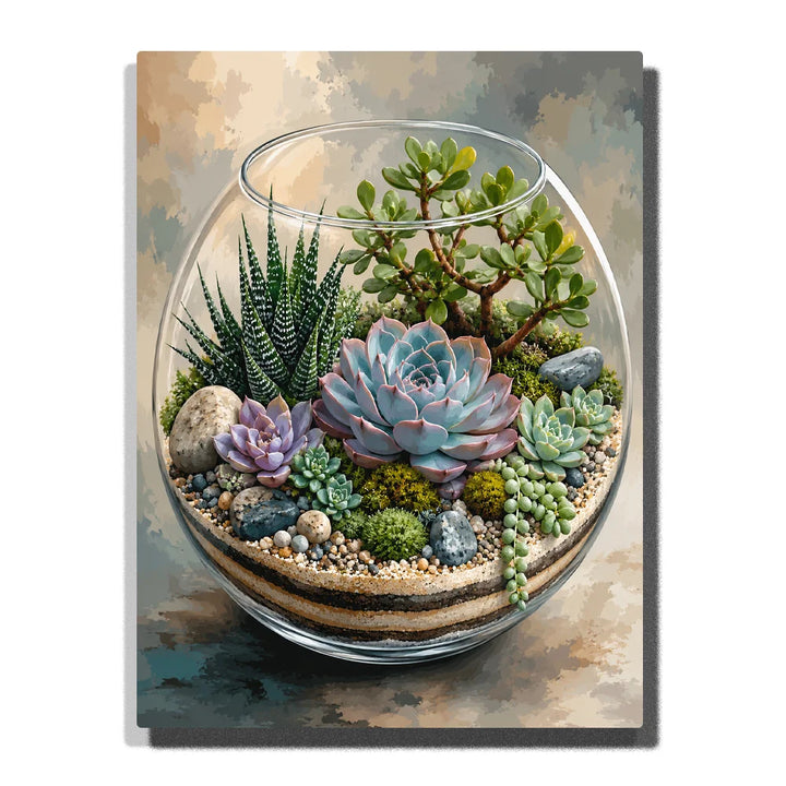Glass Terrarium with Jade Haworthia and Rosettes artwork displayed on a white background