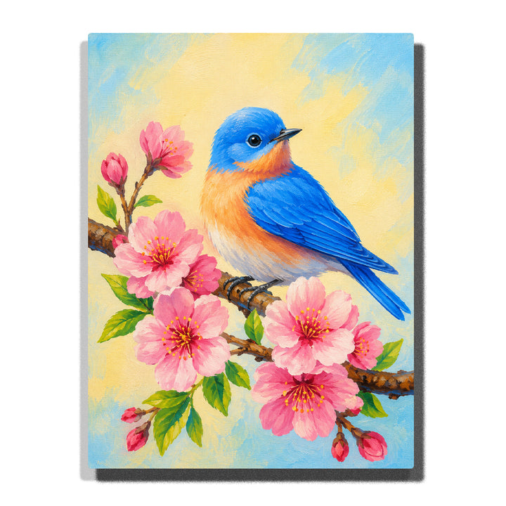 Bluebird on cherry blossom branch with pink flowers, green leaves, spring sky and elegant floral bird artwork Paint by Numbers by PaintEasy