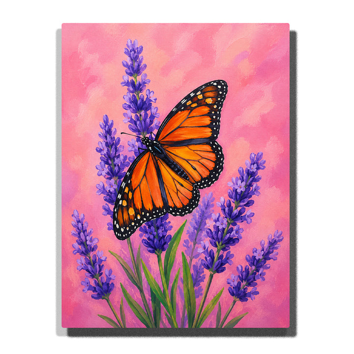 Orange butterfly with lavender flowers, purple blossoms, green leaves and pink botanical garden background Paint by Numbers by PaintEasy