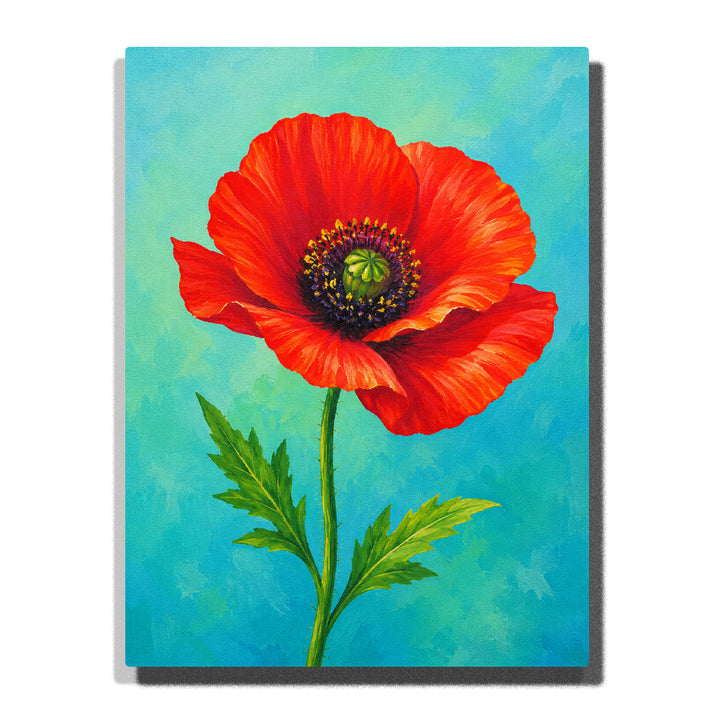 Red poppy flower with green leaves, detailed petals, turquoise botanical background and relaxing floral artwork Paint by Numbers by PaintEasy
