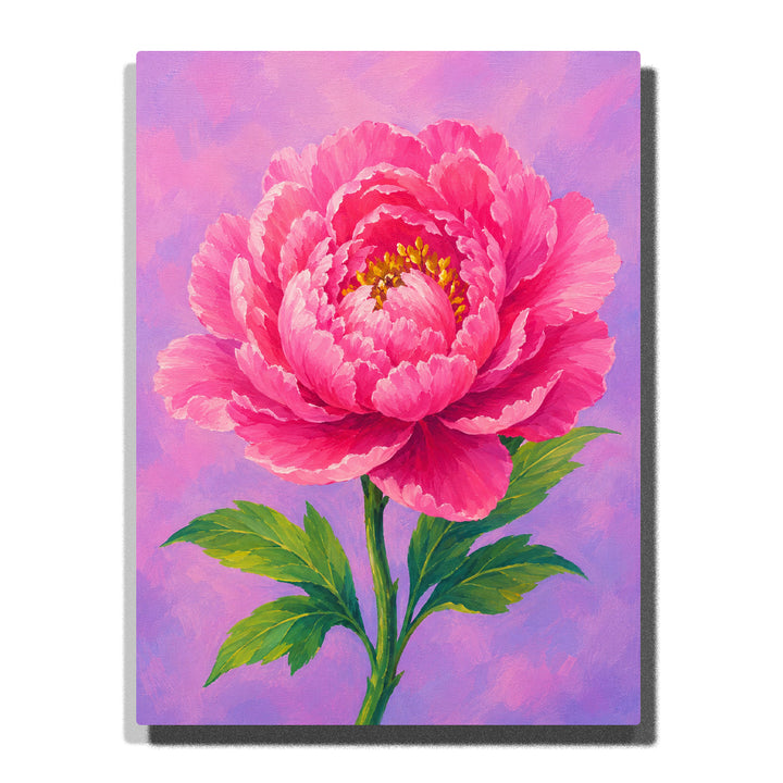 Pink peony flower with layered petals, green leaves, purple botanical background and elegant floral artwork Paint by Numbers by PaintEasy