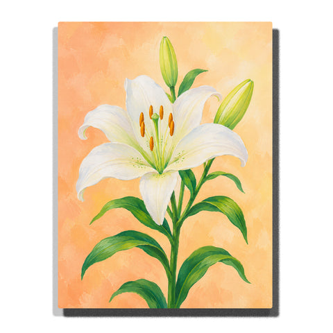 White lily flower with green leaves, unopened buds, soft peach background and elegant botanical floral artwork Paint by Numbers by PaintEasy