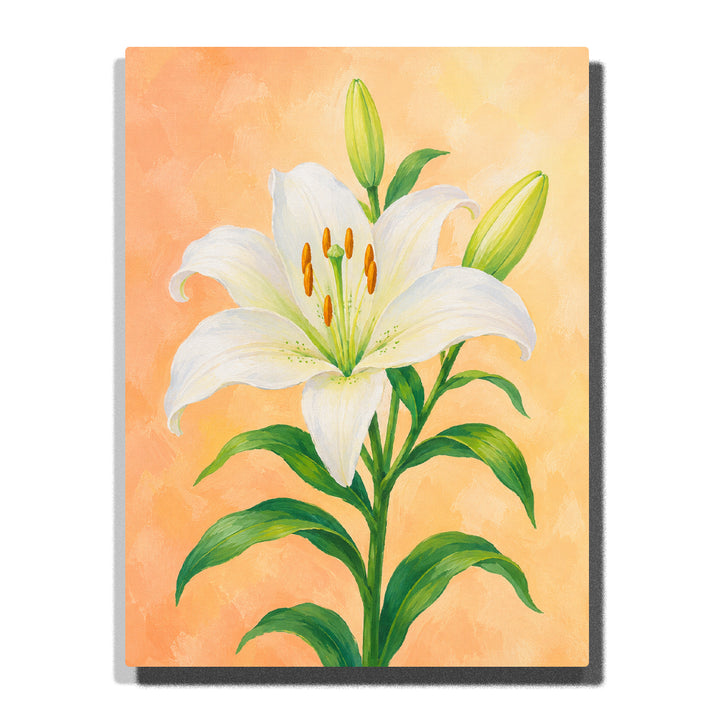 White lily flower with green leaves, unopened buds, soft peach background and elegant botanical floral artwork Paint by Numbers by PaintEasy
